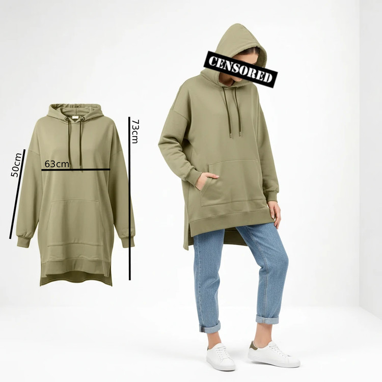 هودی زنانه فریسایز Layona رنگ زیتونی – نمای جلو و پشت