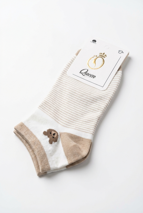 جوراب ساق کوتاه دخترانه طرح خرسی راهراه با رنگ کرمی