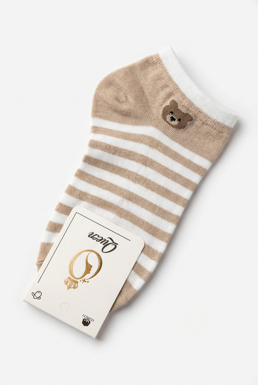 جوراب ساق کوتاه دخترانه طرح خرسی چند خط با رنگ کرمی