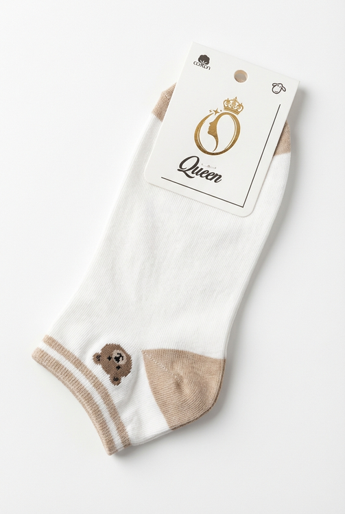 جوراب ساق کوتاه دخترانه طرح خرسی ساده با رنگ کرمی