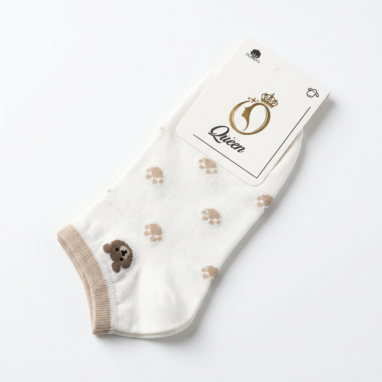 جوراب ساق کوتاه دخترانه طرح خرسی رد پای خرس با رنگ کرمی