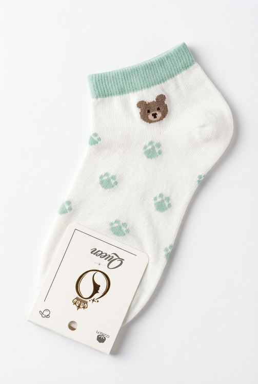 جوراب ساق کوتاه دخترانه طرح خرسی رد پای خرس با رنگ سبز