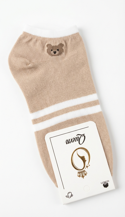جوراب ساق کوتاه دخترانه طرح خرسی 2 خط با رنگ کرمی