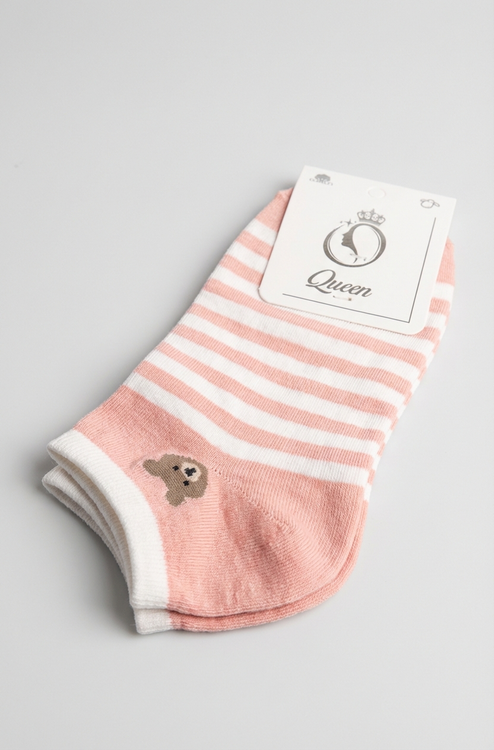 جوراب ساق کوتاه دخترانه طرح خرسی چند خط با رنگ صورتی