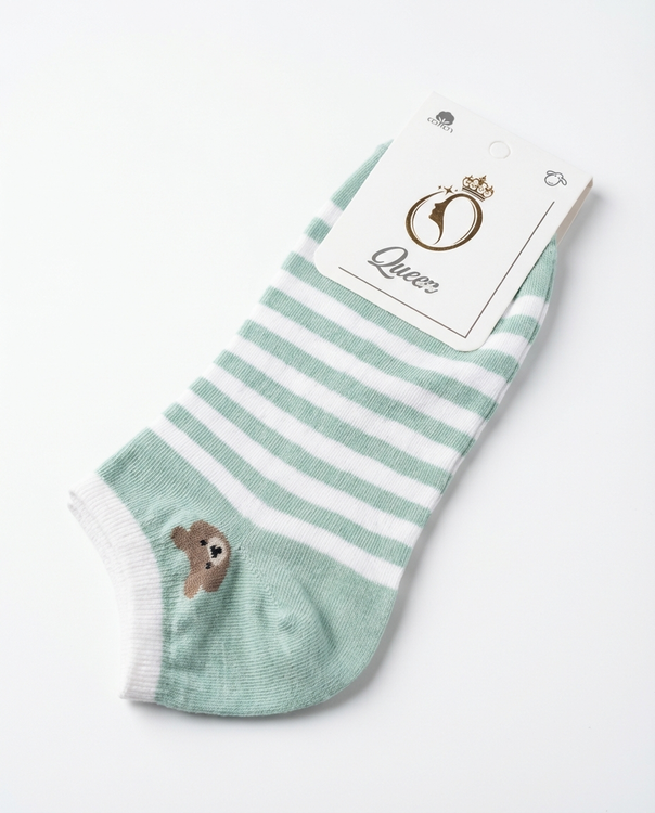 جوراب ساق کوتاه دخترانه طرح خرسی چند خط با رنگ سبز