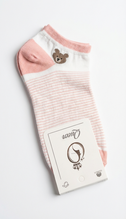 جوراب ساق کوتاه دخترانه طرح خرسی راهراه با رنگ صورتی
