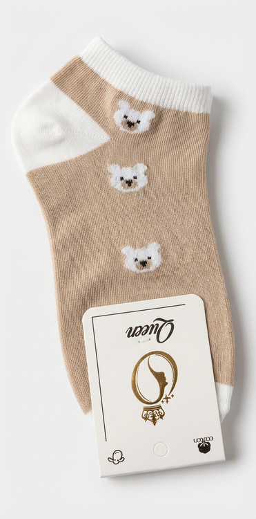 جوراب ساق کوتاه دخترانه طرح خرسی با رنگ کرمی