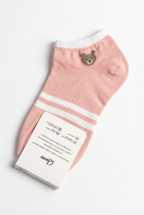 جوراب ساق کوتاه دخترانه طرح خرسی 2 خط با رنگ صورتی
