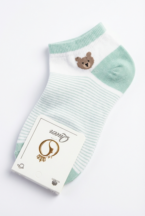 جوراب ساق کوتاه دخترانه طرح خرسی راهراه با رنگ سبز